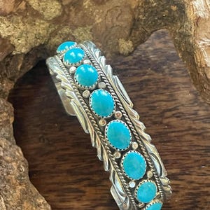 Beautiful classy turquoise sterling silver statement cuff  bracelet Navajo handmade vintage style cuff bargain bracelet Signed stamped NFR