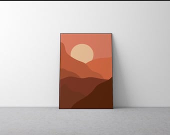 Orange Mountain Sunset Print - Mountain Art | Minimalist Sunset | Nature-Inspired Wall Art | Dreamy Adventure Decor