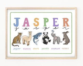 Custom Personalized Alphabet Animals Baby Name Print, unique gift, kids nursery wall decor
