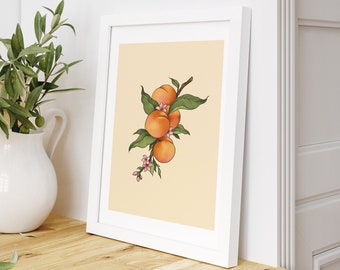 Peach Fruit Art Print | Kitchen Wall Art, Botanical Print, Fruit Illustration, Fruits Poster, Cottagecore Home Decor