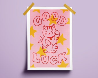 Maneki Neko Lucky Cat Illustrated Art Print | Cat Lover Unique Gift | Japanese Good Luck Cat Poster