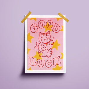 Maneki Neko Lucky Cat Illustrated Art Print | Cat Lover Unique Gift | Japanese Good Luck Cat Poster