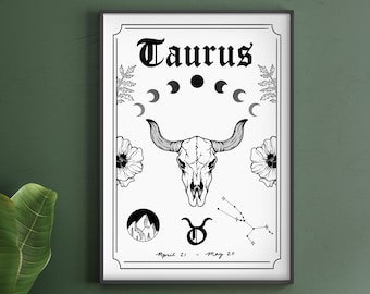 Taurus Zodiac Astrology Art Print | Earth Star Sign | Unique Gift | Bull Skull | Witchy Boho Gallery Wall Decor
