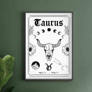 Taurus Zodiac Astrology Art Print Earth Star Sign Unique Gift Bull Skull Witchy Boho Gallery Wall Decor image 1