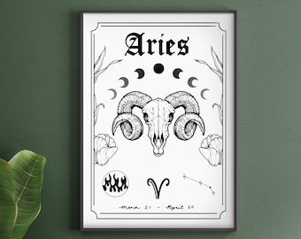 Aries Zodiac Astrology Art Print | A5 A4 A3 | Fire Star Sign | Unique Gift | Ram Skull | Boho Wall Decor