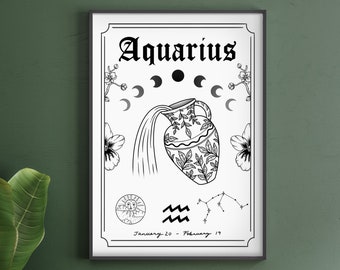 Aquarius Zodiac Astrology Art Print | A5 A4 A3 | Air Star Sign | Unique Gift | Water Bearer | Boho Wall Decor
