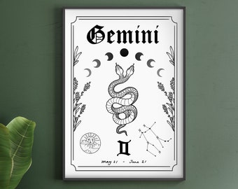 Gemini Zodiac Astrology Art Print | Air Star Sign | Unique Gift | Snake | Witchy Boho Gallery Wall Decor