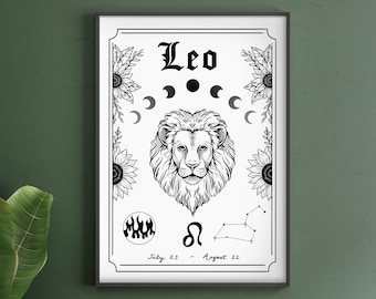 Leo Zodiac Astrology Art Print | Fire Star Sign | Unique Gift | Lion | Witchy Boho Gallery Wall Decor