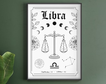 Libra Zodiac Astrology Art Print | Air Star Sign | Unique Gift | Scales | Witchy Boho Gallery Wall Decor