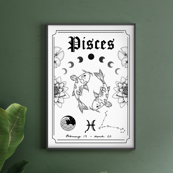 Pisces Zodiac Astrology Art Print | Water Star Sign | Unique Gift | Koi Fish | Witchy Boho Gallery Wall Decor