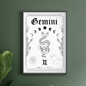 Gemini Zodiac Astrology Art Print | Air Star Sign | Unique Gift | Snake | Witchy Boho Gallery Wall Decor