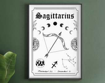 Sagittarius Zodiac Astrology Art Print | Fire Star Sign | Unique Gift | Bow Arrow | Boho Gallery Wall Decor