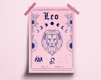 Leo Zodiac Astrology Art Print | Fire Star Sign | Unique Gift | Lion | Boho Gallery Wall Decor