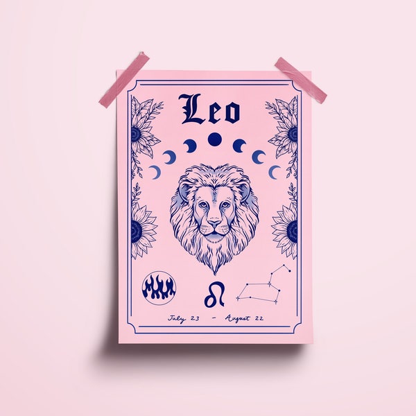 Leo Zodiac Astrology Art Print | Fire Star Sign | Unique Gift | Lion | Boho Gallery Wall Decor