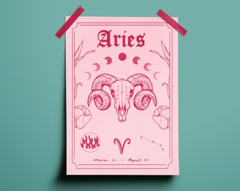 Aries Zodiac Astrology Art Print | Fire Star Sign | Unique Gift | Ram Skull | Boho Gallery Wall Decor