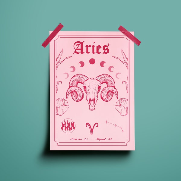 Aries Zodiac Astrology Art Print / Signo de estrella de fuego / Regalo único / Cráneo de carnero / Decoración de pared de la galería Boho