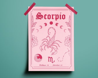 Scorpio Zodiac Astrology Art Print | Water Star Sign | Unique Gift | Scorpion Tattoo | Boho Wall Decor