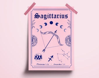 Sagittarius Zodiac Astrology Art Print | Fire Star Sign | Unique Gift | Bow & Arrow | Boho Gallery Wall Decor