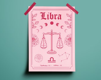 Libra Zodiac Astrology Art Print | A5 A4 A3 | Air Star Sign | Unique Gift | Weighing Scales | Boho Wall Decor