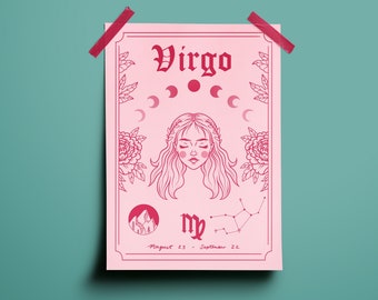 Virgo Zodiac Astrology Art Print | Earth Star Sign | Unique Gift | Tattoo Illustration | Witchy Boho Wall Decor