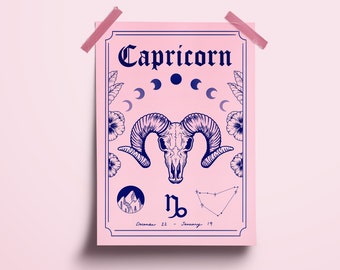 Capricorn Zodiac Astrology Art Print | Earth Star Sign | Unique Gift | Goat Skull | Witchy Boho Wall Decor