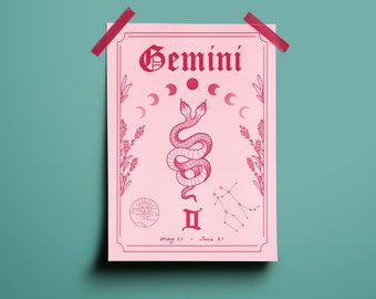 Gemini Zodiac Astrology Art Print | A5 A4 A3 | Air Star Sign | Unique Gift | Snake | Boho Wall Decor