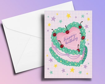 Happy Birthday Cake Card | Biodegradable Recycled Paper | Retro Pink Heart Shaped Cake | Greetings Cards For Him For Her | A6