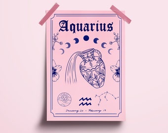 Aquarius Zodiac Astrology Art Print | Air Star Sign | Unique Witchy Gift | Water Bearer | Boho Wall Decor