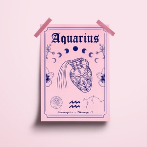 Aquarius Zodiac Astrology Art Print Air Star Sign Unique Witchy Gift Water Bearer Boho Wall Decor Pink / Blue