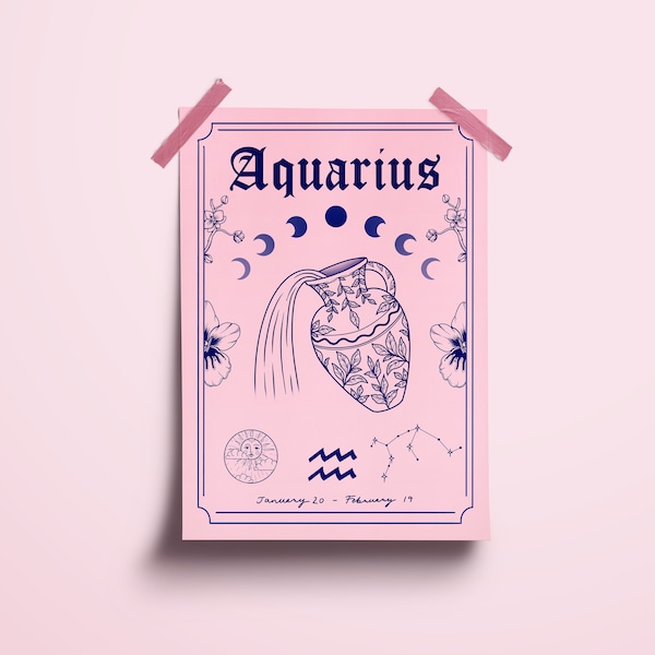 Aquarius Zodiac Astrology Art Print | Air Star Sign | Unique Witchy Gift | Water Bearer | Boho Wall Decor
