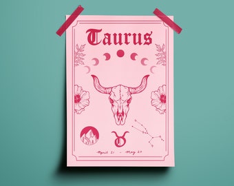 Taurus Zodiac Astrology Art Print | Earth Star Sign | Unique Gift | Bull Skull | Boho Gallery Wall Decor