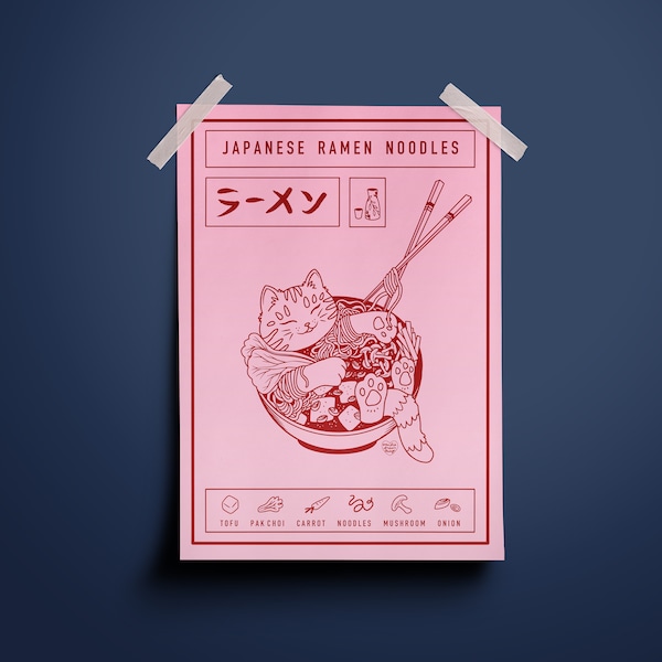 Japanese Ramen Noodles Cat Illustrated Art Print | Cat Lover Unique Gift | Maneki Neko Poster