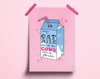 Vegan Oat Milk Carton Illustrated Art Print | Cow Print | Unique Gift | Gallery Wall Decor