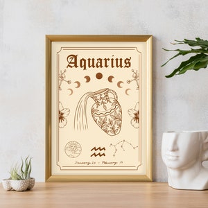 Aquarius Zodiac Astrology Art Print Air Star Sign Unique Witchy Gift Water Bearer Boho Wall Decor Cream / Brown