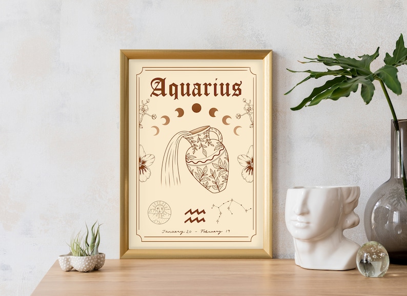 Aquarius Zodiac Astrology Art Print Air Star Sign Unique Witchy Gift Water Bearer Boho Wall Decor Cream / Brown