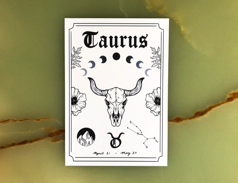 Taurus Zodiac Astrology Art Print Earth Star Sign Unique Gift Bull Skull Witchy Boho Gallery Wall Decor image 2