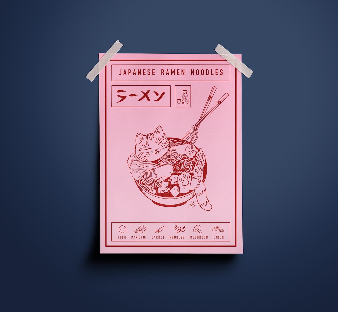 Japanese Ramen Noodles Cat Illustrated Art Print Cat Lover 