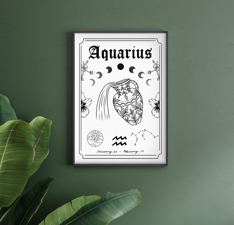 Aquarius Zodiac Astrology Art Print A5 A4 A3 Air Star Sign Unique Gift Water Bearer Boho Wall Decor image 1