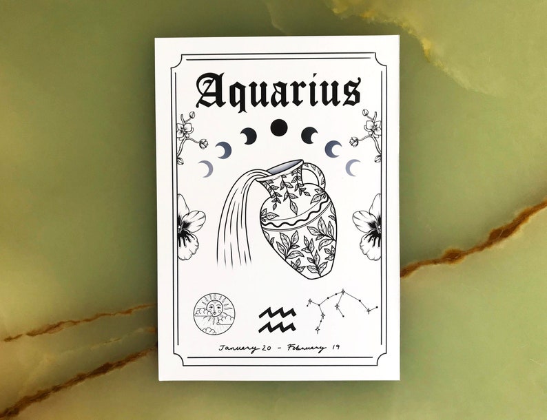 Aquarius Zodiac Astrology Art Print A5 A4 A3 Air Star Sign Unique Gift Water Bearer Boho Wall Decor image 2