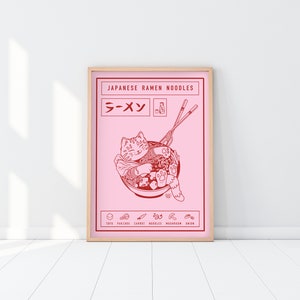 Japanese Ramen Noodles Cat Illustrated Art Print Cat Lover Unique Gift Maneki Neko Poster image 4