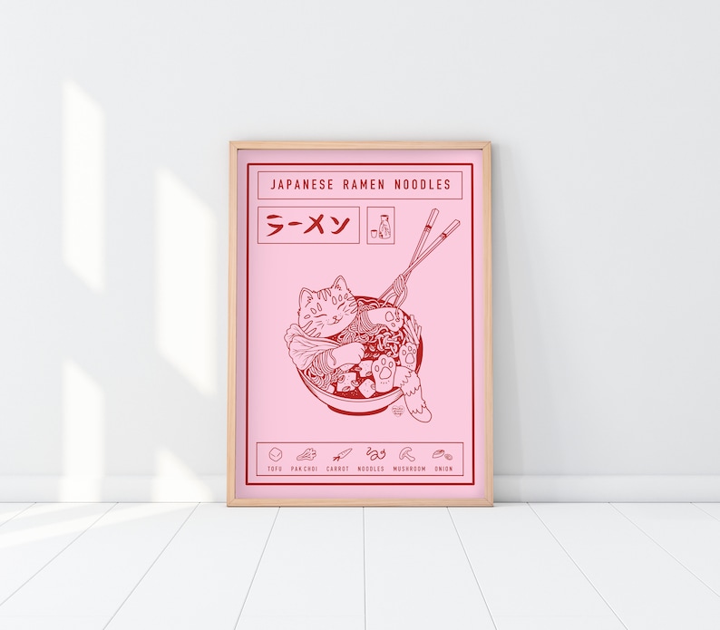 Japanese Ramen Noodles Cat Illustrated Art Print Cat Lover Unique Gift Maneki Neko Poster image 4