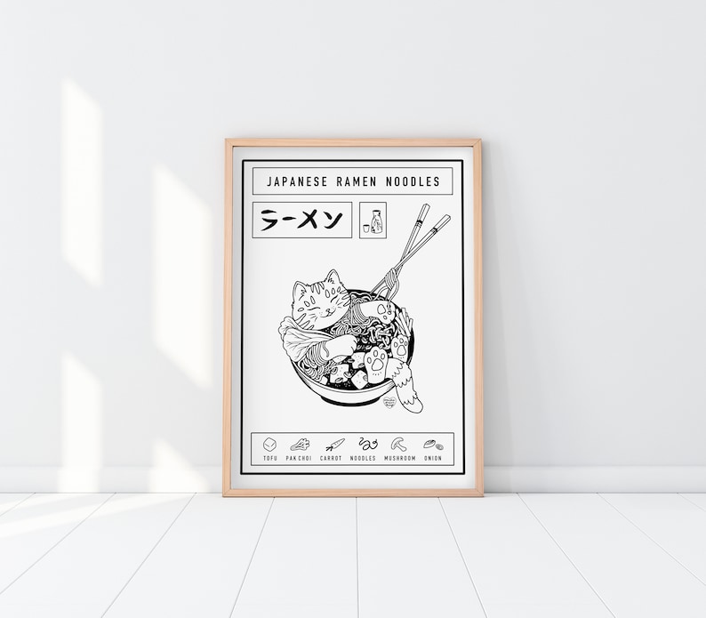 Japanese Ramen Noodles Cat Illustrated Art Print Cat Lover Unique Gift Maneki Neko Poster image 6