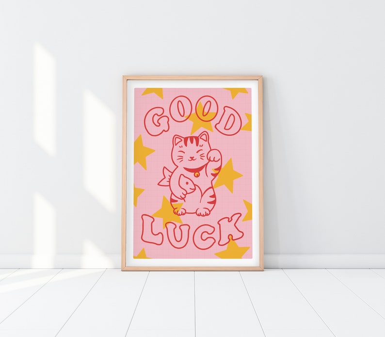 Maneki Neko Lucky Cat Illustrated Art Print Cat Lover Unique Gift Japanese Good Luck Cat Poster image 2