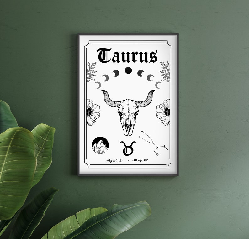 Taurus Zodiac Astrology Art Print Earth Star Sign Unique Gift Bull Skull Witchy Boho Gallery Wall Decor image 1