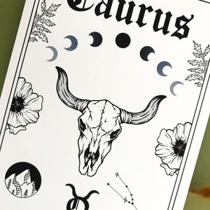 Taurus Zodiac Astrology Art Print Earth Star Sign Unique Gift Bull Skull Witchy Boho Gallery Wall Decor image 3