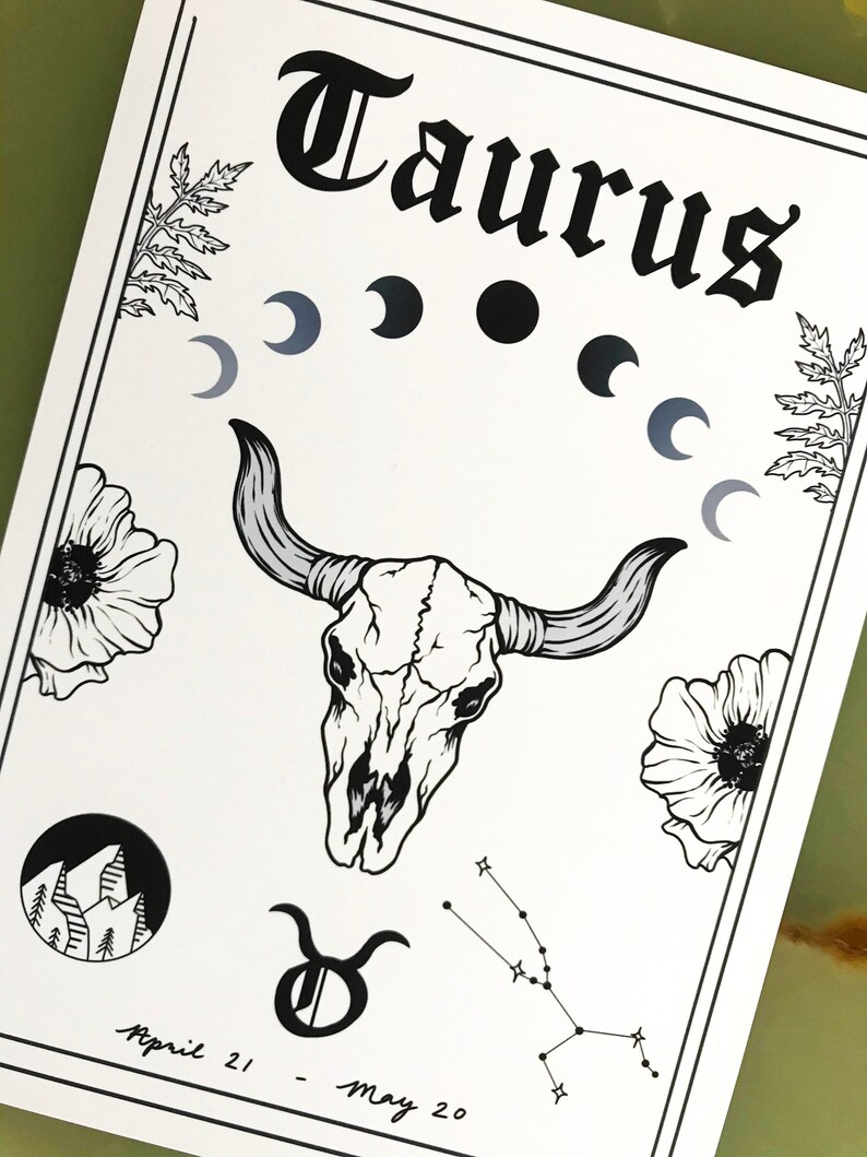 Taurus Zodiac Astrology Art Print Earth Star Sign Unique Gift Bull Skull Witchy Boho Gallery Wall Decor image 3