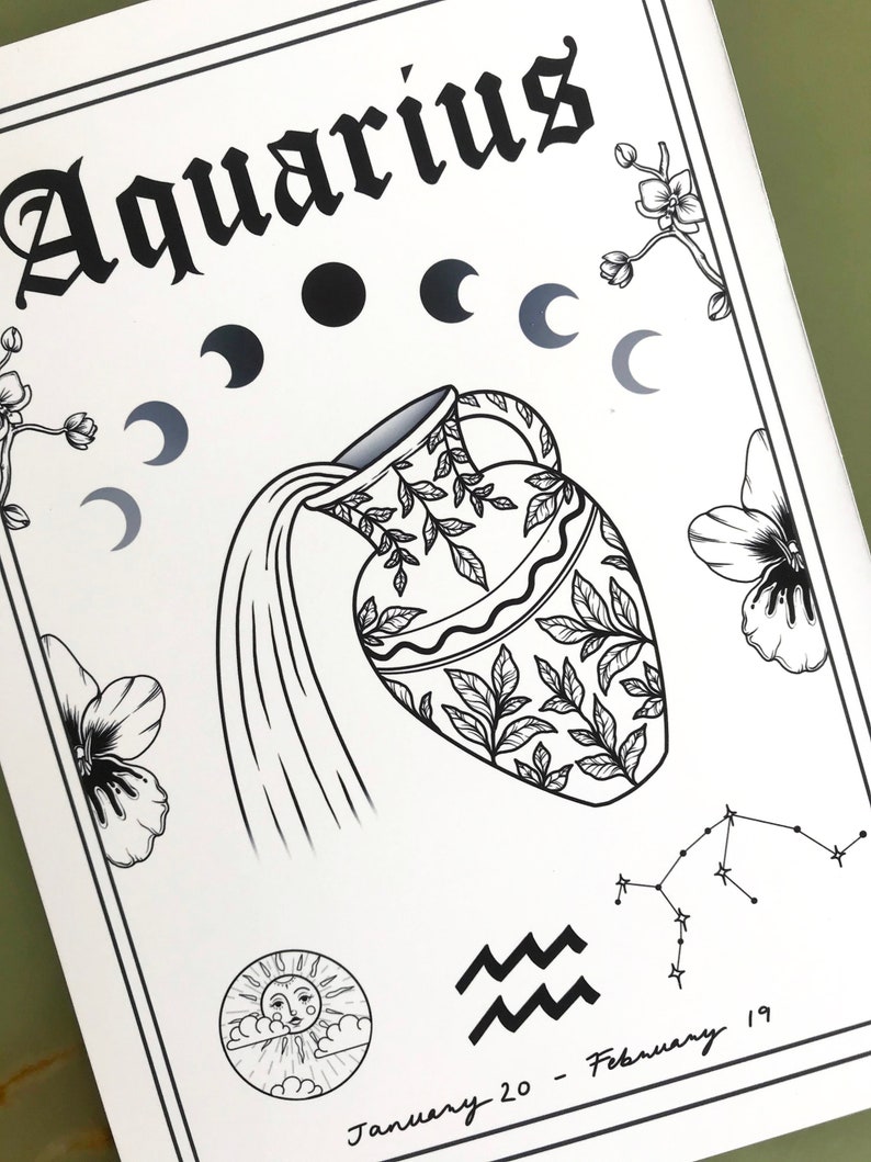 Aquarius Zodiac Astrology Art Print A5 A4 A3 Air Star Sign Unique Gift Water Bearer Boho Wall Decor image 3