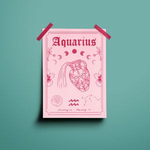 Aquarius Zodiac Astrology Art Print Air Star Sign Unique Witchy Gift Water Bearer Boho Wall Decor Pink / Hot Pink