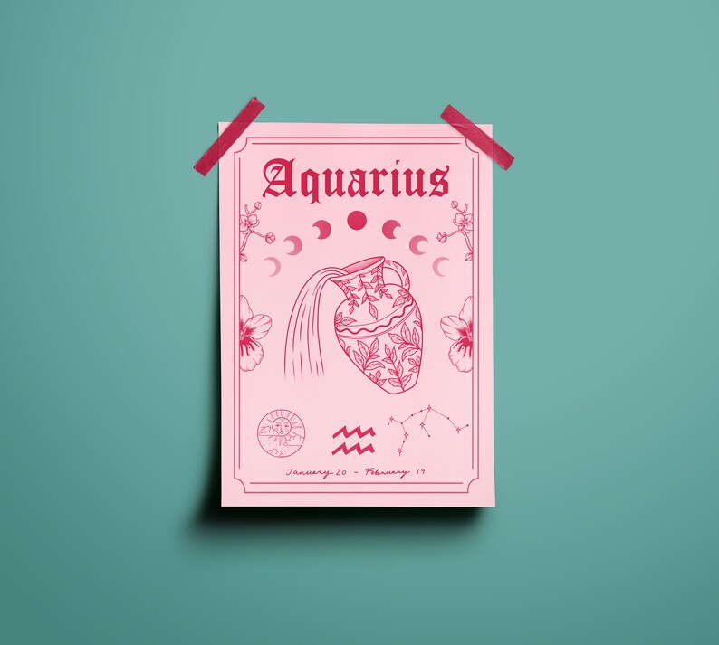 Aquarius Zodiac Astrology Art Print Air Star Sign Unique Witchy Gift Water Bearer Boho Wall Decor Pink / Hot Pink