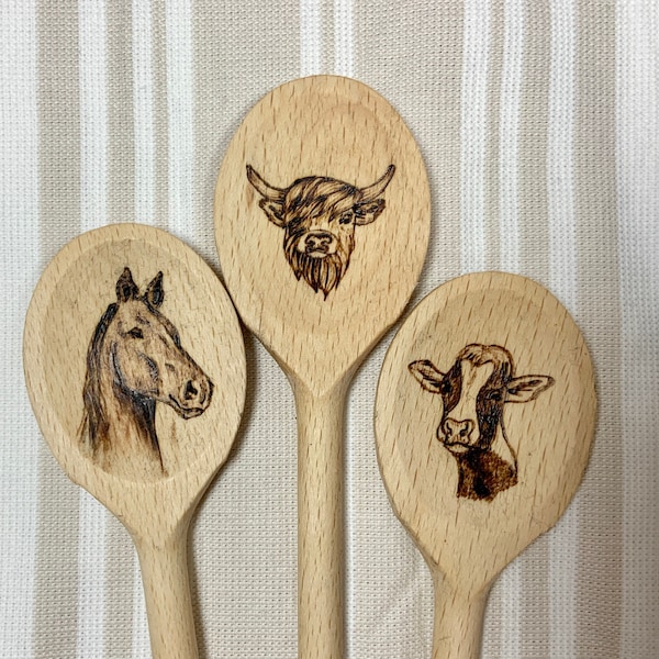 Highlander cow, horse, Holstein wood burned spoon handmade